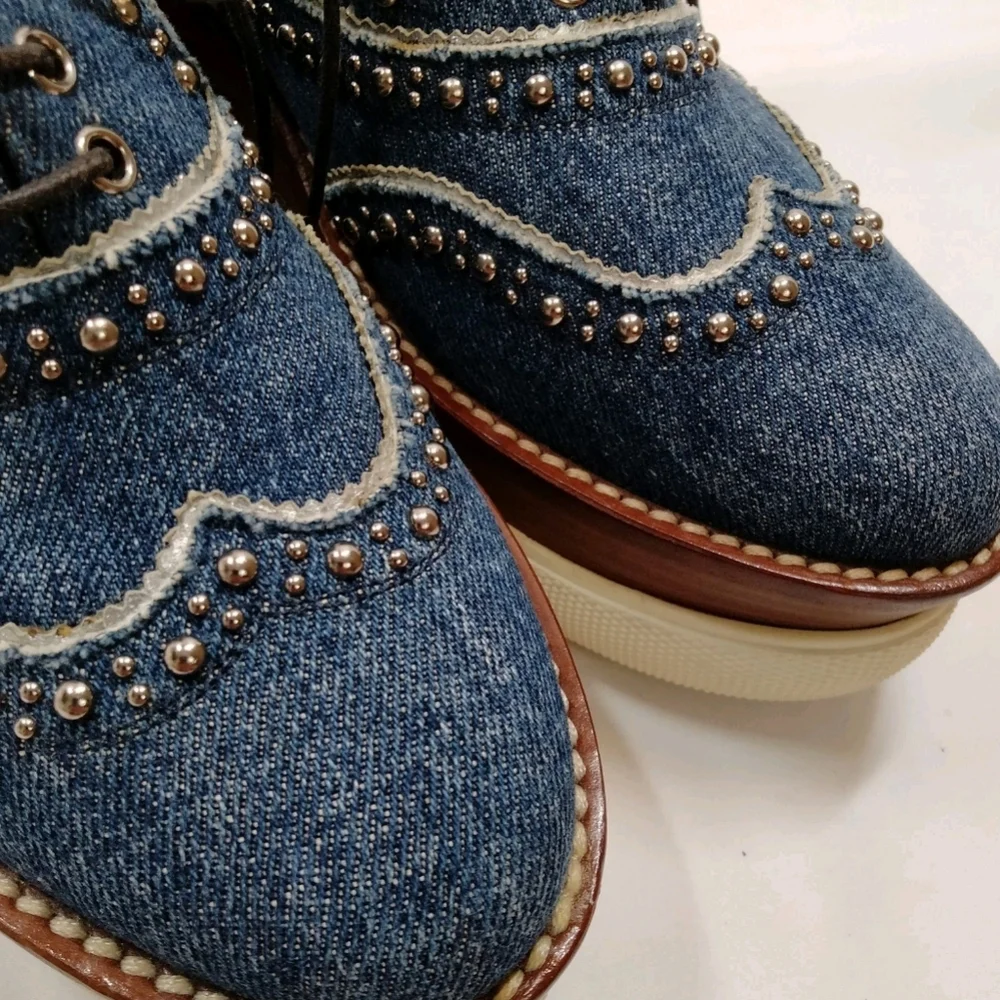 Miu Miu Denim Platform Studded Wingtip Oxfords Sneakers - Picture 6 of 8
